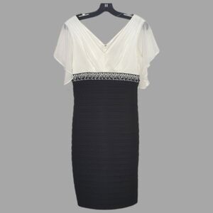 Adrianna Papell Black White Beaded V-Neck Sheer Flutter Sleeve Cocktail Dress 4